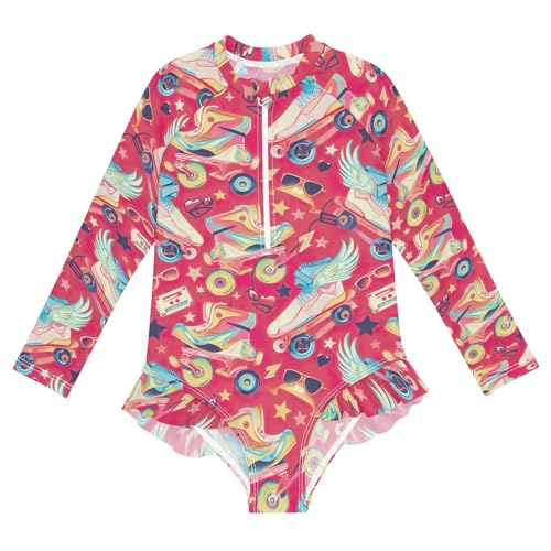 CHIFIGNO Playful Cartoon Roller Skates Girls Swimsuits One Piece Rashguard UPF 50+ Quick Dry Swimwear Beach Sport Bathing Suit, Size 11-12