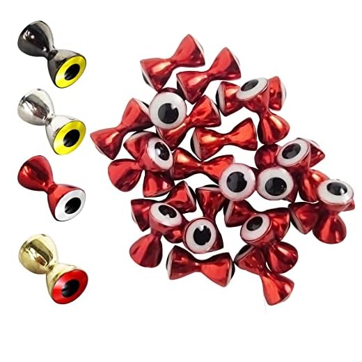 Aventik 25pc Pack Brass Dumbbell Shaped Fish Eyes Realistic Fly Tying Materials, Lure Jig, Easy to Use, Corrosion Resistant, Various Sizes & Colors for Trout, (Metallic red with White Eyes, 4.0mm)