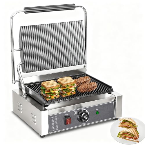 CTJ Commercial Panini Press Stainless Steel Electric Sandwich Panini Maker 2200W Countertop Panini Grill Press with Grooved Top & Temp Control for Sandwich Hamburger Steak Bacon