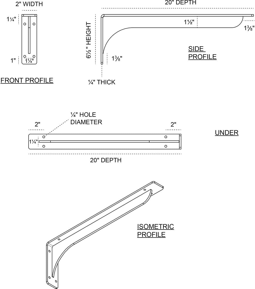 Ekena Millwork BKTM02X20X06EBCRS Steel Bracket Embrey, 2" W x 20" D x 6 1/2" H, Unfinished