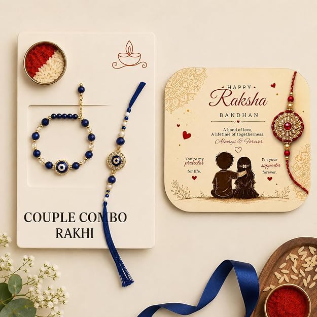 Image of PRINT BHARAT Rakhi for Brother with Coaster, Kumkum & Chawal | Traditional Beaded Thread Rakhi with Royal Kalai Thread | Raksha Bandhan Gift Hamper