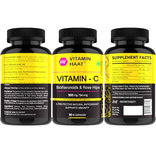 Image of Vitamin C Supplement 500mg Capsules with Citrus Bioflavonoids & Rose Hips, Amla | Immune Support, Antioxidant Protection & Collagen Formation | Natural Vitamin C for Men & Women | 30 Capsules by VitaminHaat