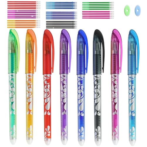 Estleys Erasable Pens 8 Colors Erasable Gel Ink Rollerball Pen with 40 Refills 0.6mm Fine Point Rollerball Pens with Rubber Eraser for Kid Students School Office