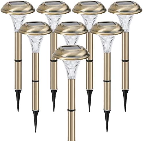 Solar Lights for Outdoor Pathway - 8 Brightest Light Set, Beautiful Brushed Brass Metal for Walkway, Patio, Path, Lawn, Garden, Outside Landscape & Yard Decor, Stylish Design, 12 Inches Tall