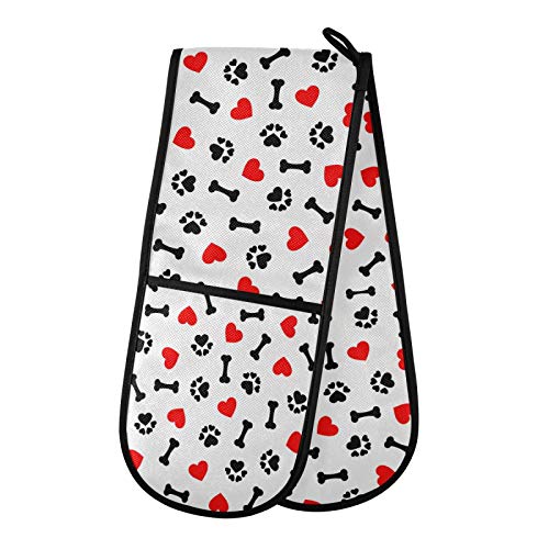 Long Double Oven Mitt For Baking Animal Dog Paw Print Red Heart Heat Resistant Quilted Double Oven Glove Potholder For Cooking Grilling Christmas, Washable #TOP28