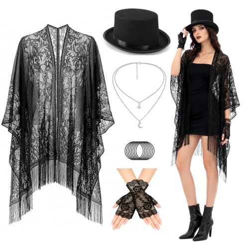 5 Pcs Halloween Punk Top Hat Costume Set, Lace Cape Gloves Bracelet Black