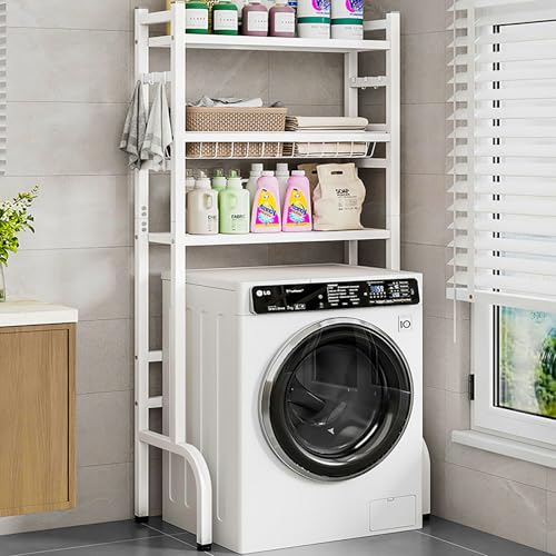 3 Tiers Over Washer and Dryer Shelves with Guardrail, Over The Washer Storage Shelf with Adjustable Feet, Adjustable Height Dryer Stand with Hollow Basket, Save Space for Bathroom Laundry Room(White)