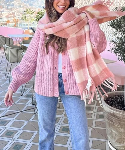 Image of Women's Casual Puff Long Sleeve Crew Neck Cardigan Button Down Open Front Knit Loose Sweater Outwear