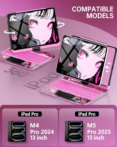Image of Intermerge Clear Keyboard Case for iPad Pro 13 inch(M5,2025 / M4,2024), 360 Swivel Multi-Touch Trackpad, 7-Color RGB Backlit, Pencil Holder, Type-C, Power Indicator, Blush Pulse
