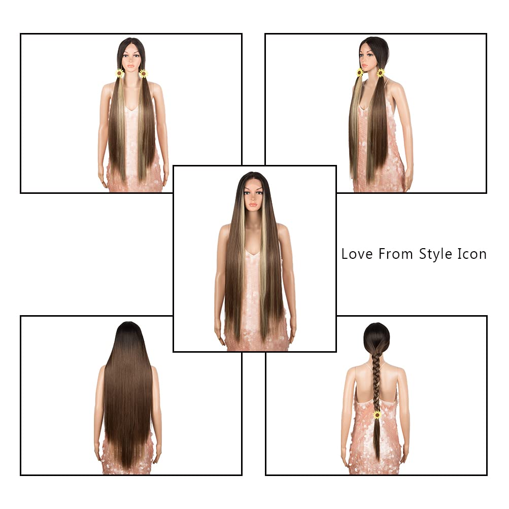 Style Icon 38" Super Long Straight Wigs Lace Front Wigs 6" Deeper Middle Part Highlight Blonde Wig (38", TTOL4/30S/26J)