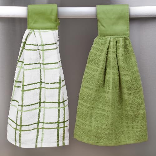 Image of Ritz Premium 100% Cotton Solid and Multi Check Kitchen Tie Towel, Absorbent, Super Soft, and Fast Drying Hang Towel, Set of Two, Cactus Green