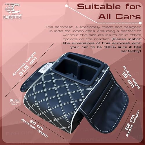 Image of Carigiri Nappa Leatherette,Foam ComfiRest Pro Car Armrest Cushion with Cup Holder| Arm Cushion| Universal for All Cars| Armrest with Mobile Holder (White,Utility Pockets,Dual Cup Holder,Mobile Holder)
