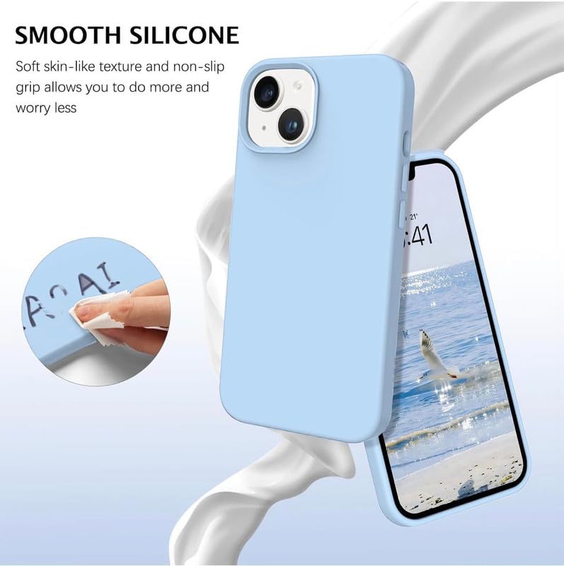 Image of Premium Liquid Silicone Case for iPhone 14 - Slim Full Body Protective Back Cover with Soft Microfiber Lining, Anti-Slip Grip Scratch Resistant Phone Case (Sky Blue)