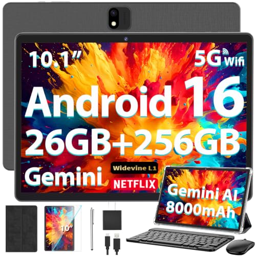 Image of YOBANSE 10 Inch Android 16 Tablet PC, 26GB+256GB(Max 2TB Storage Expand), Octa-Core, GMS Certified 5G WiFi GPS 8000mAh, Complete Accessories Keyboard Stylus Mouse, Black