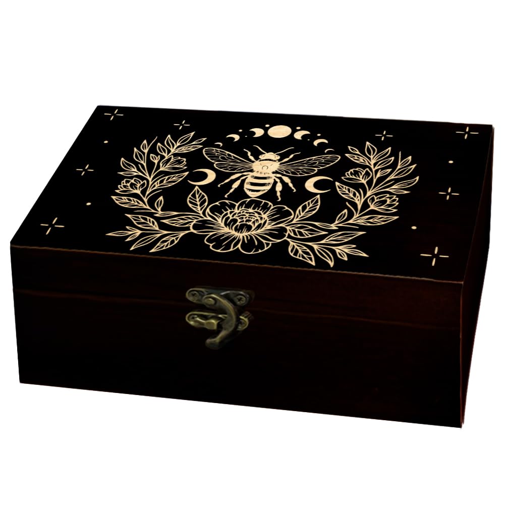 arricraft 1 Pc Wooden Keepsake Storage Box, Bee Flower Moon Phase Pattern Rectangle Pine Tarot Card Memory Box for Anniversary Jewelry Board Storage 24x14x9cm (9.45x5.51x3.54 inches)