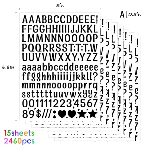 2460 peças de adesivos de letras 1,27 cm preto alfabeto adesivos vinil 15 folhas número e alfabetos