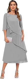 Tea Length Mother of The Bride Dresses for Women 3/4 Sleeve Tiered Chiffon Formal Dress - Buy now