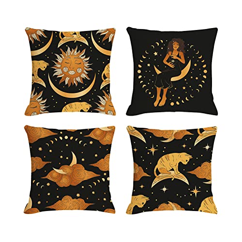 Jartinle Boho Celestial Pillow Covers 18X18 Set Of 4 Black And Gold Bohemian Decorative Aesthetic Sun Moon Cloud Cat African American Woman Hippie Throw Pillow For Couch Home Spiritual Decor #TOP27
