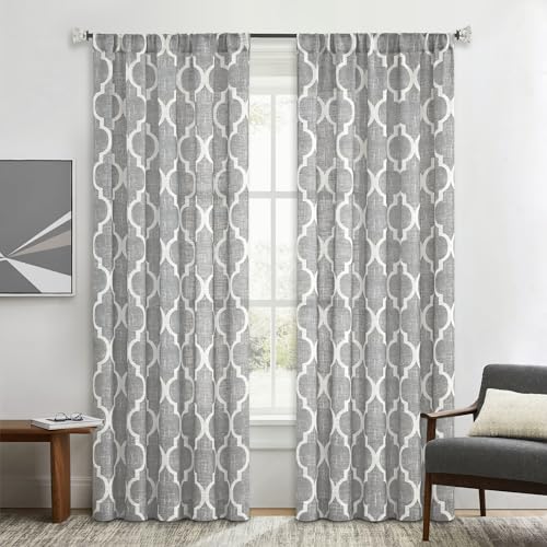 Beauoop Linen Semi Sheer Curtains 84 Inches Long 2 Panels for Bedroom Living Room Grey Moroccan Geo...
