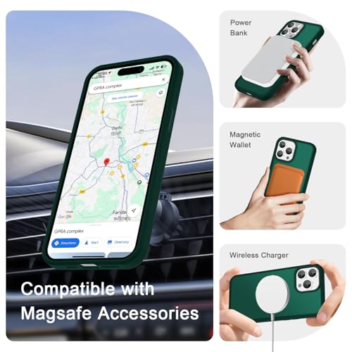 Image of YENAPOON for iPhone 14 Pro Max Case, Matte Magnetic Phone Cover [with 1 Screen Protector] [Support for MagSafe] [Shockproof Military Grade Protection] Translucent Frosted Back, Dark Green
