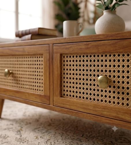 Image of Solid Sheesham Wood Coffee Table & Center Table for Living Room with Rattan Cane Lift-Down Shutter & Open Shelf, Solid Wooden Teapoy for Sofa with Storage | Tea Table (A-Honey)