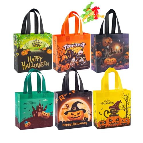 LIANRISES 6pcs Halloween Non-Woven Candy Bags With Handles 20x20x8cm Halloween Sweets Bags for Trick Or Treat Tote Bag Reusable Party Gift Basket for Kids Party