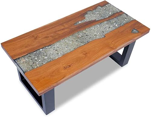 Miniatura 4 de vidaXL Mesa de centro de madera maciza de teca y mango hecha a mano con decoración de resina transparente, estilo industrial, multicolor, 39.4 x