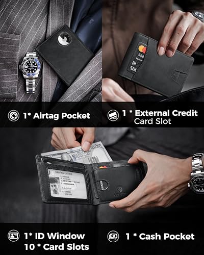 Image of LORZOR Mens Wallet with AirTag Holder, Bifold Full Grain Leather Minimalist Front Pocket RFID Blocking AirTag Wallet with ID Window Gift for Men, up to 12 Cards
