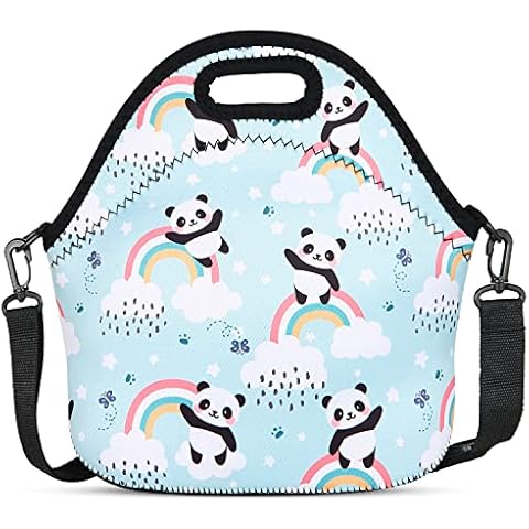 Violet Mist Panda Neoprene Lunch Bag for Women Girl Shoulder Strap Pocket Cute Lunch Tote Handbag for Girls Animal Cartoon Reusable Bento Lunch Box Gift for Women Work School Picnic Office Cover