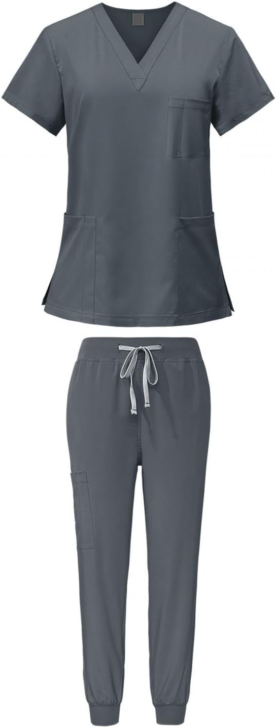 Women's Scrub Set 2-Piece V-Neck Top and Pants Professional Medical Workwear Machine Washable for Nurses Beauty Salon- Medium Gray