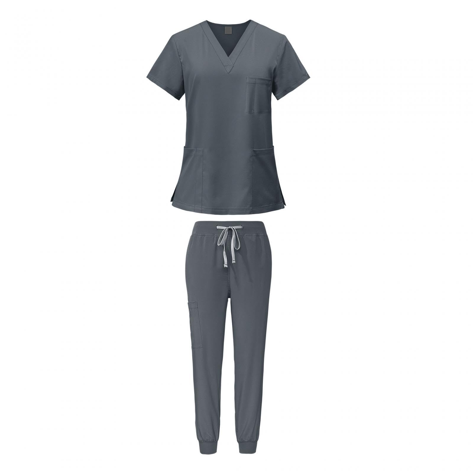 LOVIVER Female Scrub Set Nurse Workwear V Neckline Professional Machine Washable Top and Joggers Pant Work Clothing for Beauty Center, Gray, M