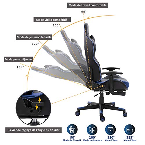 Dripex-Chaise-Gaming-Fauteuil-Gamer-Fauteuil-de-Bureau-Gaming-Professionnel-Chaise-de-bureau-ergonomique-Dossier-Haut-Hauteur-reglable-Charge-Max-136-kg-bleu-avec-repose-pieds
