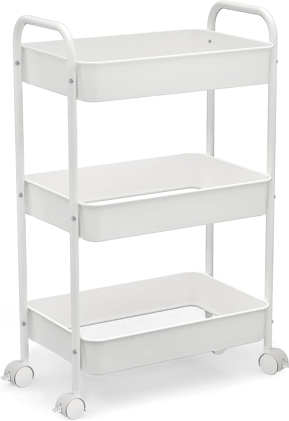 HOUSLET 3-Tier Rolling Utility Cart Storage Shelves Multifunction Storage Trolley Service Cart with Mesh Basket Handles and Wheels Easy Assembly for Bathroom, Kitchen, Office (White)