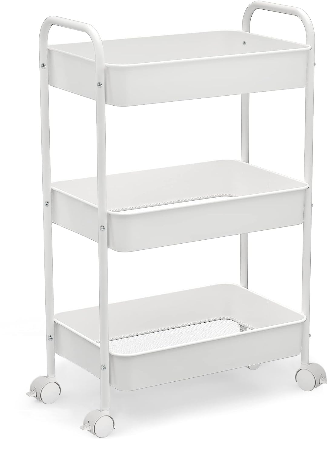 HOUSLET 3-Tier Rolling Utility Cart Storage Shelves Multifunction Storage Trolley Service Cart with Mesh Basket Handles and Wheels Easy Assembly for Bathroom, Kitchen, Office (White)
