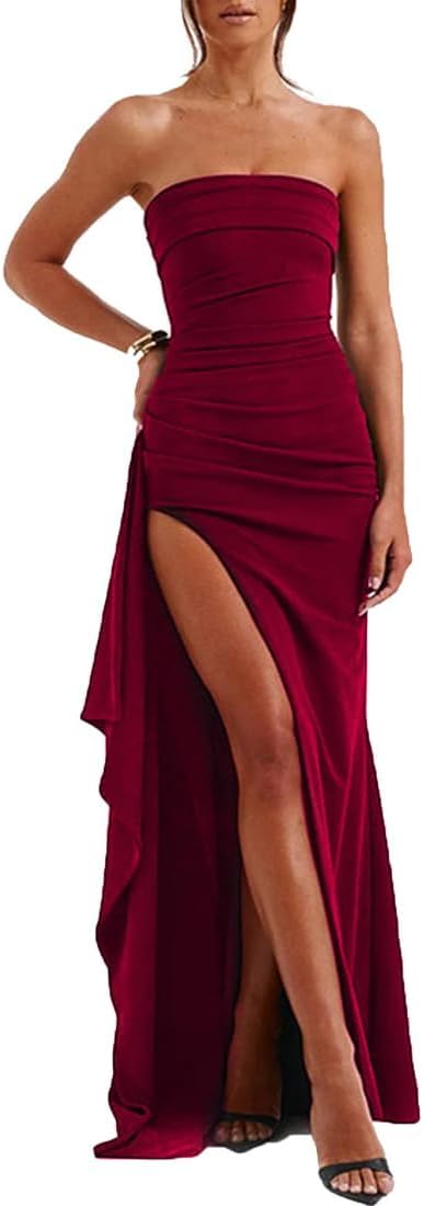 – Womens Strapless Maxi Evening Dress Sexy High Slit Ruched Party Long Dress Irregular Hem Elegant Bandeau Dresses Sleeveless Bodycon Prom Dresses for Club Cocktail Wedding Formal Gowns