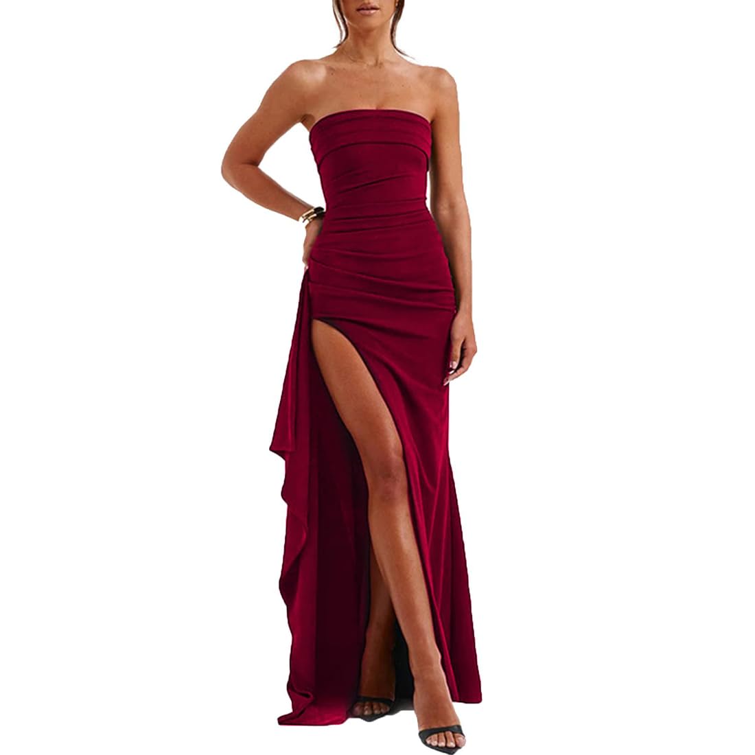 Jyixxzx Women's Red Strapless Maxi Evening Dress Sexy High Slit Ruched Party Long Dress Irregular Hem Elegant Bandeau Dresses Sleeveless Bodycon Prom Dresses For Club Cocktail Wedding Formal Gowns