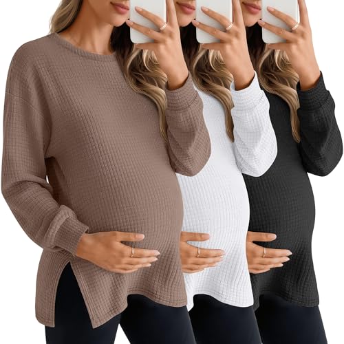 Sweetyweee 3 Pack Women's Maternity Shirts Long Sleeve Waffle Knit Side Split Oversized Tops Pregnancy Clothes Fall Tees(Coffee, White, Black,Small)