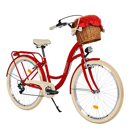 Balticuz OU Milord Vélo de ville confortable avec panier en osier pour femme 28" Rouge 7 vitesses