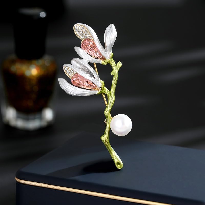 Image of 14K Gold Graceful Vintage Chinese Style Brooch Pin for Women, Freshwater Pearl Magnolia Flower Pink /White Pin, Ideal for Traditional Events, Women's Brooches & Pins