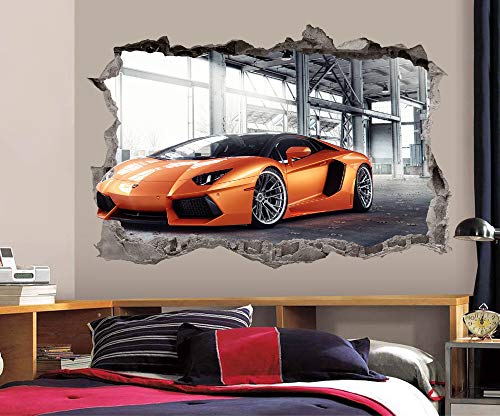Lamborghini Wall Decal Smashed 3D Graphic Wall Sticker Art Mural Poster Kids Room Decor Gift Up29 (24"W X 16"H) #TOP1