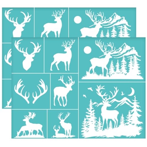 OLYCRAFT 2Pcs 11x8.6 Inch Deer Pattern Self-Adhesive Silk Screen Printing Stencil Forest Mesh Stencils Animal Theme Reusable Mesh Stencils Transfer for DIY T-Shirt Fabric Painting
