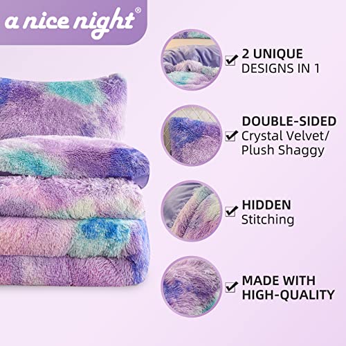 A Nice Night Shaggy Fluffy Faux Fur Duvet Cover Set, Tie Dye Style,Softest, Luxury Ultra Soft Crystal Velvet Bedding Sets, Zipper Closur (Queen, Purple-Blue) #TOP2