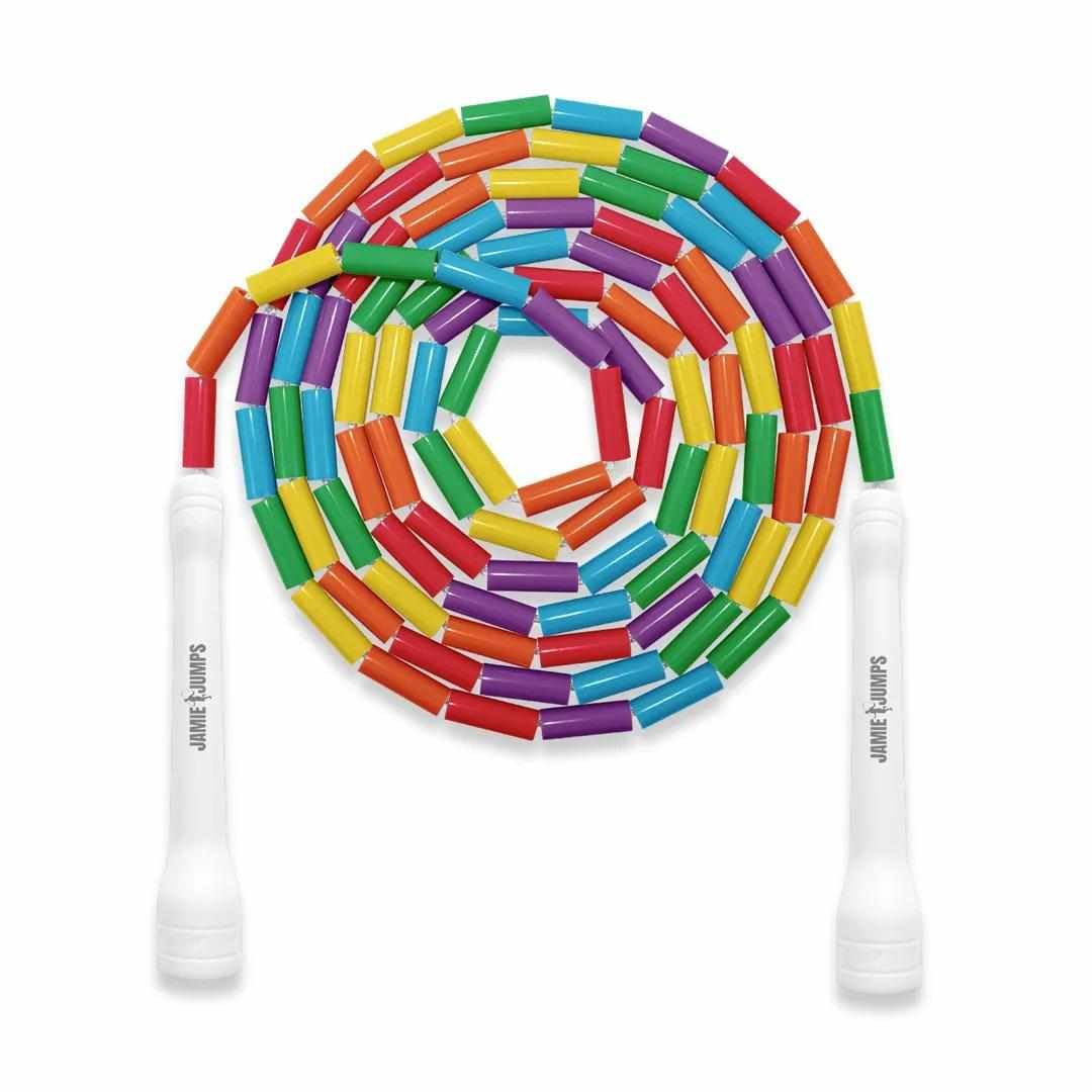 JamieJumps Professional Beaded Jump Rope - Fully Adjustable, For Freestyle, Cardio & Tricks - All Levels & Indoor/Outdoor Use, Quality Beads & Poly Cord. (Rainbow)