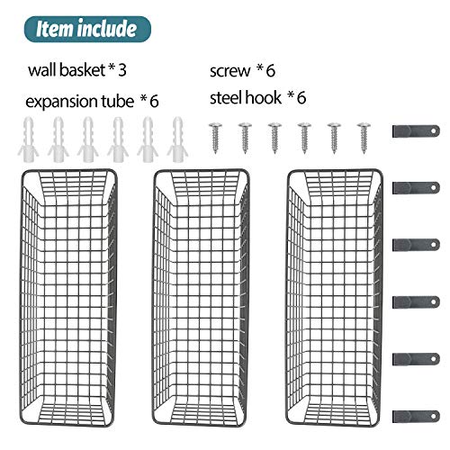 3 Set [Extra Large] Hanging Wall Basket For Storage, Wall Mount Sturdy Steel Wire Baskets, Metal Hang Cabinet Bin Wall Shelves, Rustic Farmhouse Decor, Kitchen Bathroom Organizer, Industrial Gray #TOP2