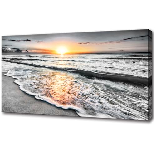 Bamdeya Large Size Wall Art Bedroom Black white Beach Wall Art Sunset Ocean Picture Painting Sea Decor Poster Office Artwork Living Room Decor Kitchen Prints Art Framed Canvas Decorations 24x48