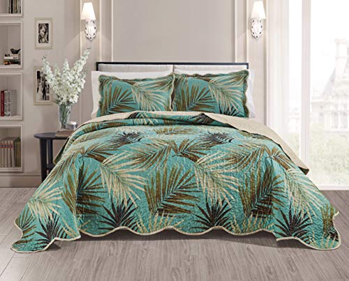 Masterplay 3-Piece Fine Printed Tropical Palm Leaves Oversize (115" X 95") Quilt Set, Bedspread Coverlet King Size Bed Cover (Sage, Aqua, Brown, Khaki)