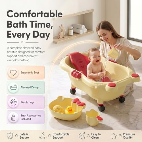 Image of StarAndDaisy Bath Tub for Baby 0-5 Years / Bath tub for Kids with 0-3 Years Girls & Boys with bathseat, Wheels , mug and soap tray, Space Saving Design, Newborn Baby Bathing Tub, Easy to Store (Cream-Blue)