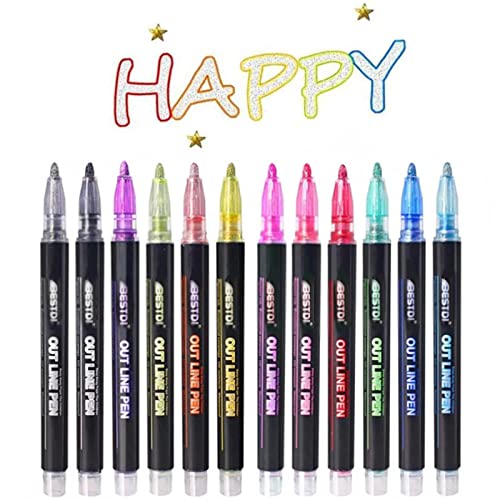 Doodle Dazzles Shimmer Marker Set, 12 Color Super Squiggles Outline Marker Set, Outline Metallic Markers Glitter Markers Pens for Christmas Card Writing, Birthday Greeting, Painting, DIY Art Crafts