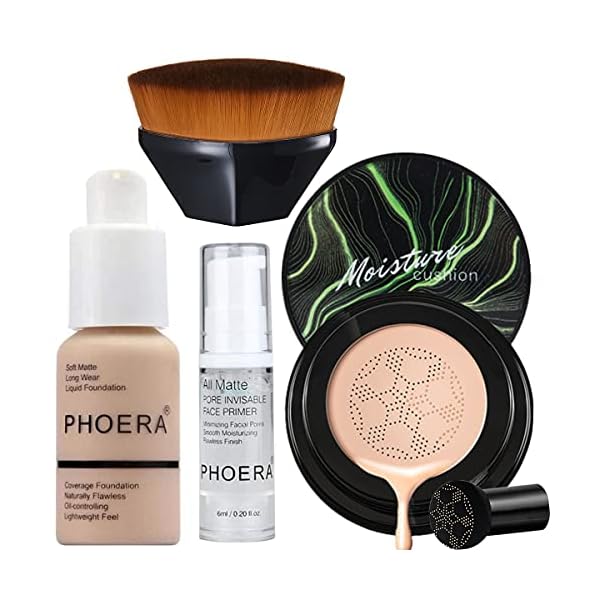 PHOERA-30ml-Foundation-Liquid-Full-Coverage-24HR-Matte-Oil-Control-Concealer-Nude-102-with-Face-Primer-Air-Cushion-CC-Cream-BB-Cream-Mushroom-Head-Foundation-Petal-Shaped-Cosmetics-Brush PHOERA 30ml Foundation Liquid Full Coverage 24HR Matte Oil Control Concealer (Nude #102) with Face Primer & Air Cushion CC Cream BB Cream Mushroom Head Foundation & Petal-Shaped Cosmetics Brush