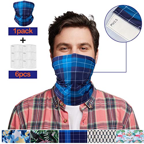 HUSTON LOWELL Bandana Maschera, facciale con filtri a Carbone di Sicurezza, Fazzoletto per Viso, Copricapo Moto,Multifunzionale, Bandane per Donna/Uomo/Bambini (Adulto, Plaid Blu 1 + 6?Adulto?)
